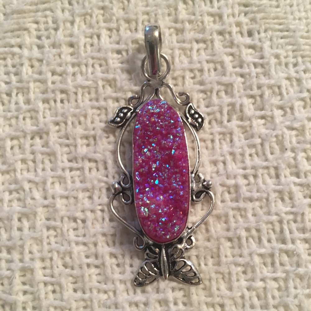 Bursting PINK Druzy Quartz Unique BOHO Pendant